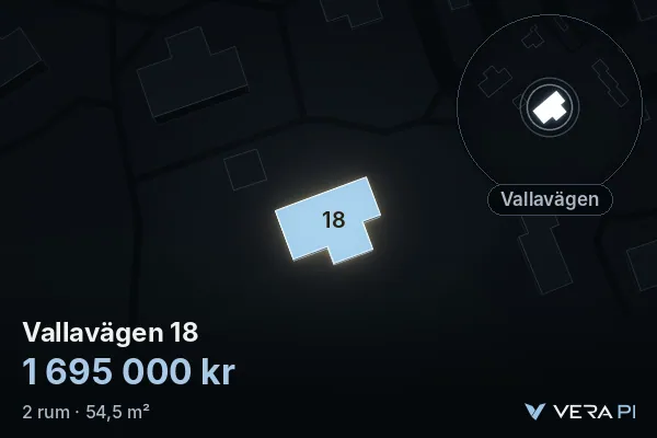 VERA PI:s bild av Vallavägen 18: huset i 3D, upplyst i blått, och kartan runt omkring