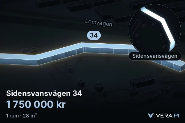 VERA PI:s bild av Sidensvansvägen 34: huset i 3D, upplyst i blått, och kartan runt omkring