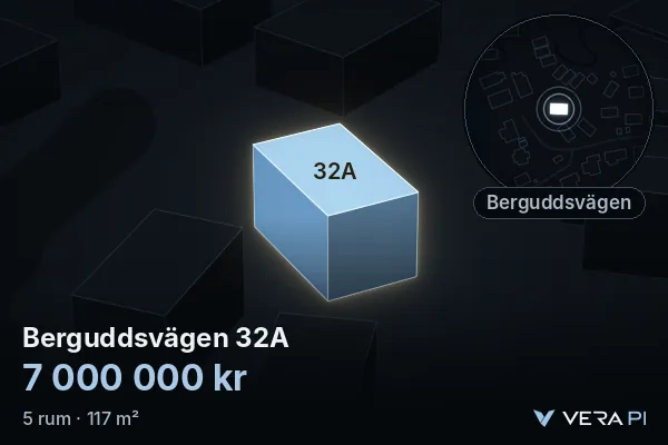 VERA PI:s bild av Berguddsvägen 32A: huset i 3D, upplyst i blått, och kartan runt omkring