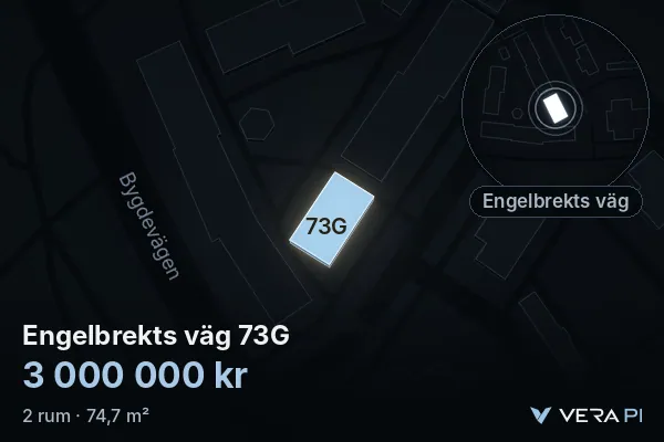 VERA PI's image of Engelbrekts väg 73G: the building in 3D, lit in blue, and the map around it