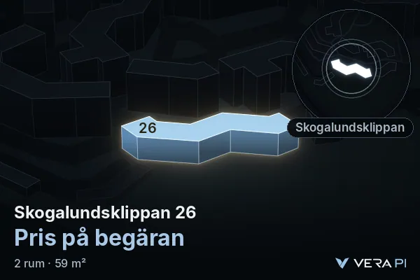 VERA PI:s bild av Skogalundsklippan 26: huset i 3D, upplyst i blått, och kartan runt omkring