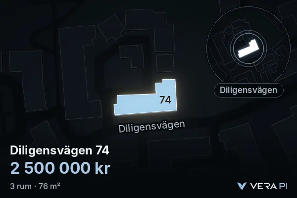 VERA PI:s bild av Diligensvägen 74: huset i 3D, upplyst i blått, och kartan runt omkring