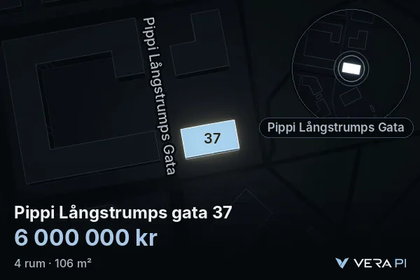 VERA PI:s bild av Pippi Långstrumps gata 37: huset i 3D, upplyst i blått, och kartan runt omkring