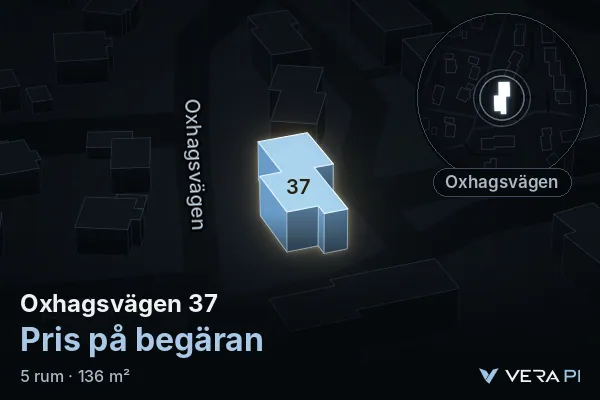 VERA PI:s bild av Oxhagsvägen 37: huset i 3D, upplyst i blått, och kartan runt omkring