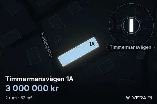 VERA PI:s bild av Timmermansvägen 1A: huset i 3D, upplyst i blått, och kartan runt omkring