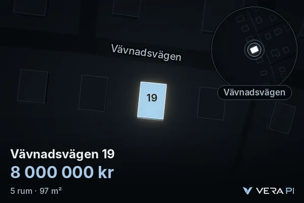 VERA PI:s bild av Vävnadsvägen 19: huset i 3D, upplyst i blått, och kartan runt omkring