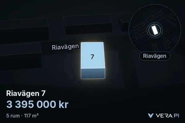 VERA PI's image of Riavägen 7: the building in 3D, lit in blue, and the map around it