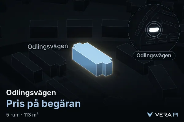 VERA PI:s bild av Odlingsvägen: huset i 3D, upplyst i blått, och kartan runt omkring