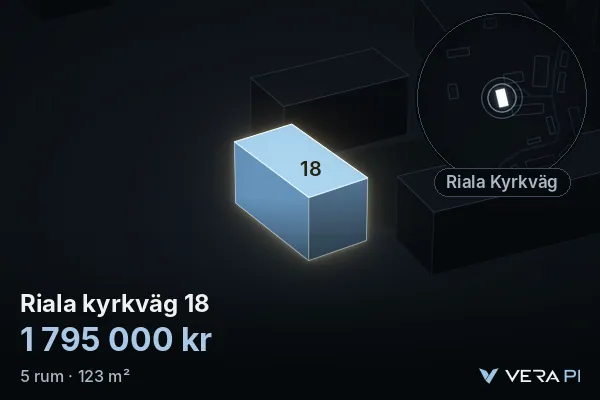 VERA PI's image of Riala kyrkväg 18: the building in 3D, lit in blue, and the map around it