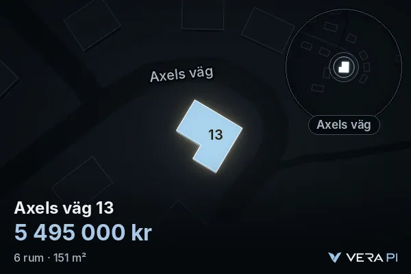 VERA PI's image of Axels väg 13: the building in 3D, lit in blue, and the map around it