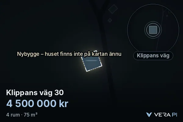 VERA PI:s bild av Klippans väg 30: huset i 3D, upplyst i blått, och kartan runt omkring