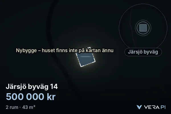 VERA PI:s bild av Järsjö byväg 14: huset i 3D, upplyst i blått, och kartan runt omkring