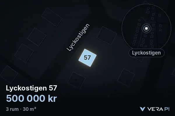 VERA PI's image of Lyckostigen 57: the building in 3D, lit in blue, and the map around it