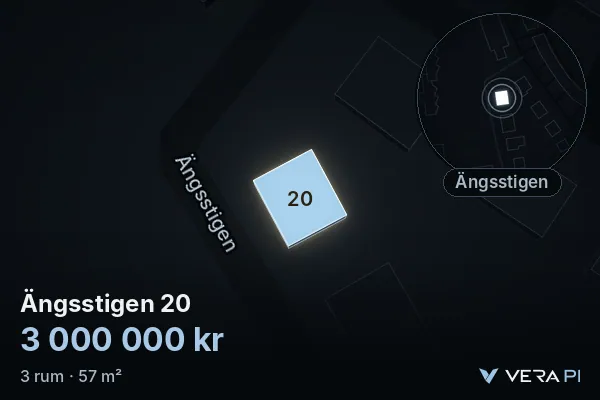 VERA PI:s bild av Ängsstigen 20: huset i 3D, upplyst i blått, och kartan runt omkring
