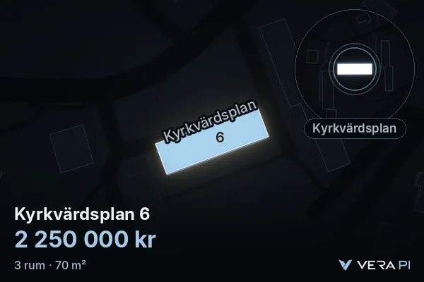VERA PI's image of Kyrkvärdsplan 6: the building in 3D, lit in blue, and the map around it