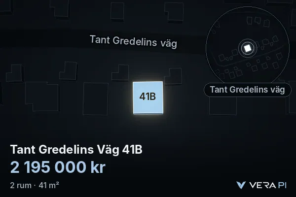 VERA PI's image of Tant Gredelins Väg 41B: the building in 3D, lit in blue, and the map around it