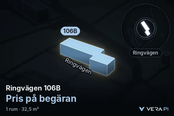 VERA PI:s bild av Ringvägen 106B: huset i 3D, upplyst i blått, och kartan runt omkring