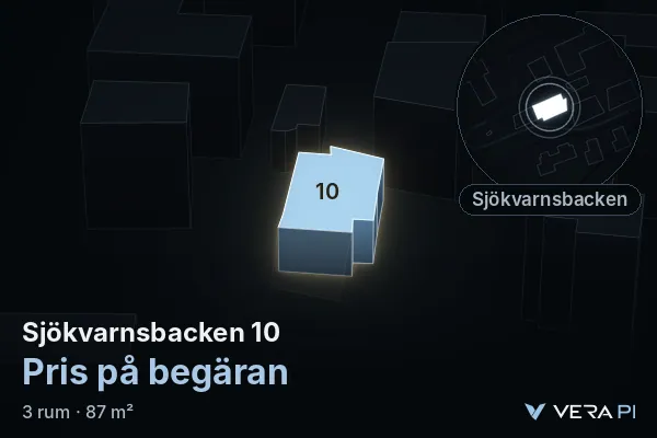 VERA PI:s bild av Sjökvarnsbacken 10: huset i 3D, upplyst i blått, och kartan runt omkring