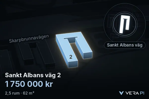 VERA PI's image of Sankt Albans väg 2: the building in 3D, lit in blue, and the map around it