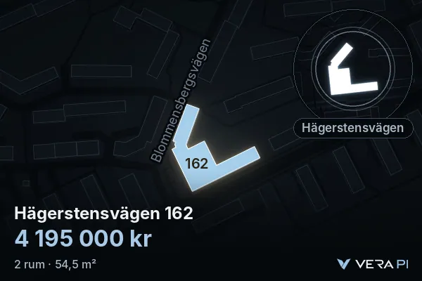 VERA PI:s bild av Hägerstensvägen 162: huset i 3D, upplyst i blått, och kartan runt omkring