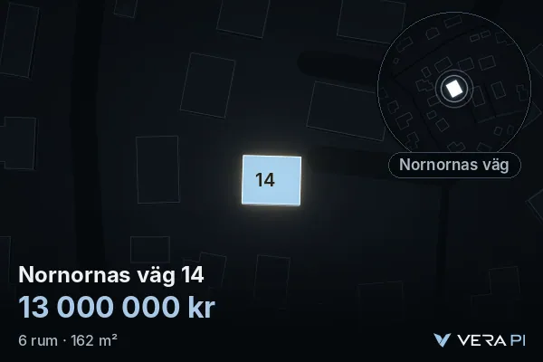 VERA PI:s bild av Nornornas väg 14: huset i 3D, upplyst i blått, och kartan runt omkring