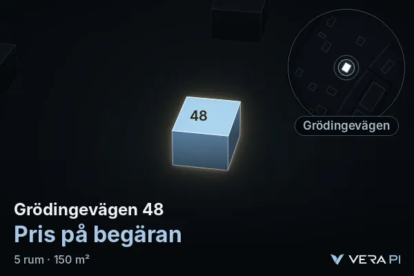 VERA PI's image of Grödingevägen 48: the building in 3D, lit in blue, and the map around it