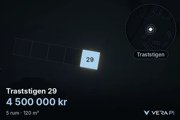 VERA PI's image of Traststigen 29: the building in 3D, lit in blue, and the map around it