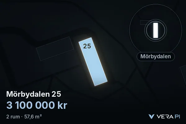 VERA PI:s bild av Mörbydalen 25: huset i 3D, upplyst i blått, och kartan runt omkring