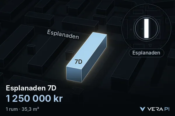 VERA PI's image of Esplanaden 7D: the building in 3D, lit in blue, and the map around it
