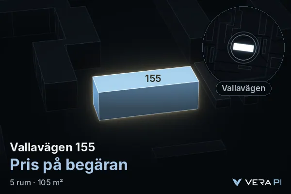 VERA PI:s bild av Vallavägen 155: huset i 3D, upplyst i blått, och kartan runt omkring