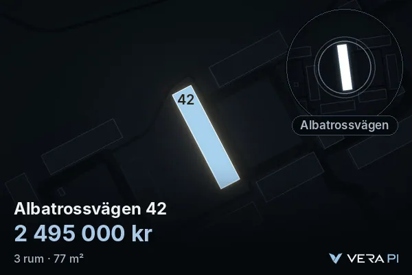 VERA PI:s bild av Albatrossvägen 42: huset i 3D, upplyst i blått, och kartan runt omkring