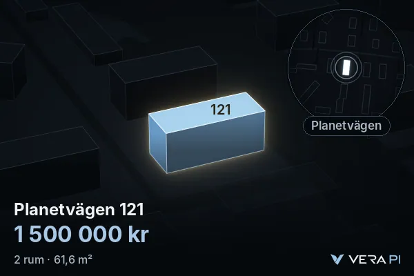 VERA PI's image of Planetvägen 121: the building in 3D, lit in blue, and the map around it