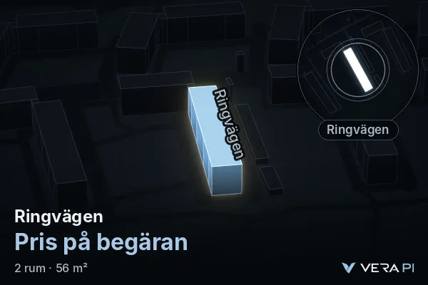 VERA PI:s bild av Ringvägen: huset i 3D, upplyst i blått, och kartan runt omkring