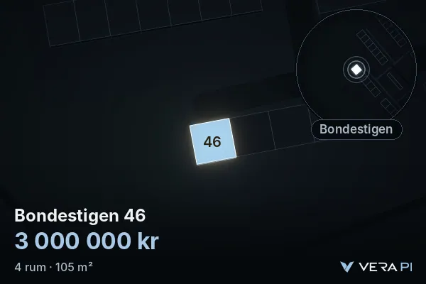 VERA PI's image of Bondestigen 46: the building in 3D, lit in blue, and the map around it