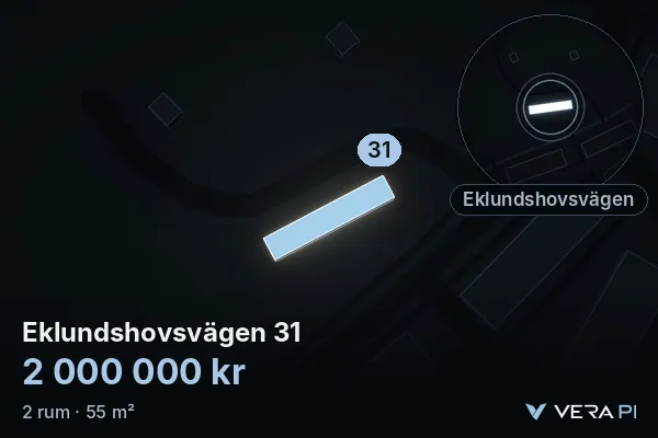 VERA PI's image of Eklundshovsvägen 31: the building in 3D, lit in blue, and the map around it