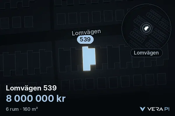 VERA PI's image of Lomvägen 539: the building in 3D, lit in blue, and the map around it