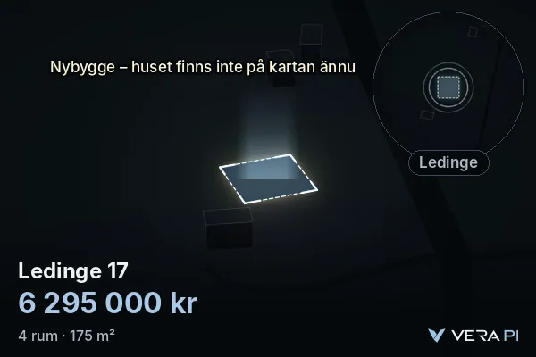 VERA PI:s bild av Ledinge 17: huset i 3D, upplyst i blått, och kartan runt omkring