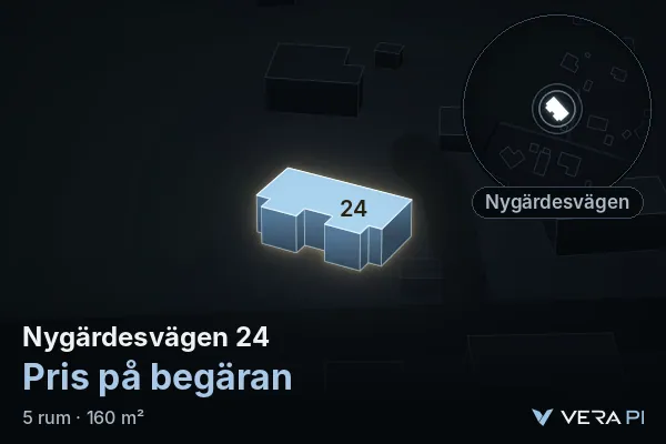 VERA PI:s bild av Nygärdesvägen 24: huset i 3D, upplyst i blått, och kartan runt omkring