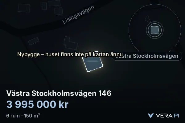 VERA PI:s bild av Västra Stockholmsvägen 146: huset i 3D, upplyst i blått, och kartan runt omkring