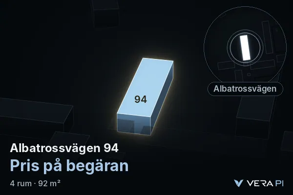 VERA PI:s bild av Albatrossvägen 94: huset i 3D, upplyst i blått, och kartan runt omkring