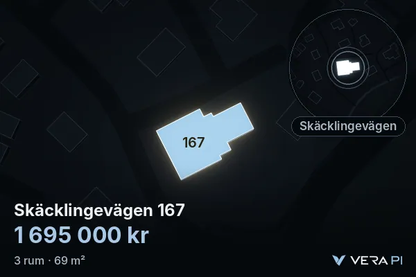 VERA PI's image of Skäcklingevägen 167: the building in 3D, lit in blue, and the map around it