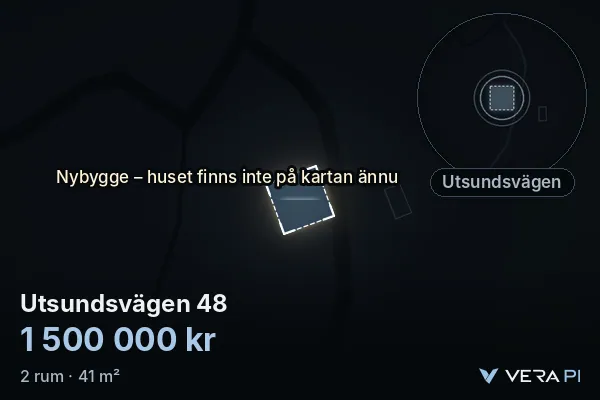 VERA PI:s bild av Utsundsvägen 48: huset i 3D, upplyst i blått, och kartan runt omkring