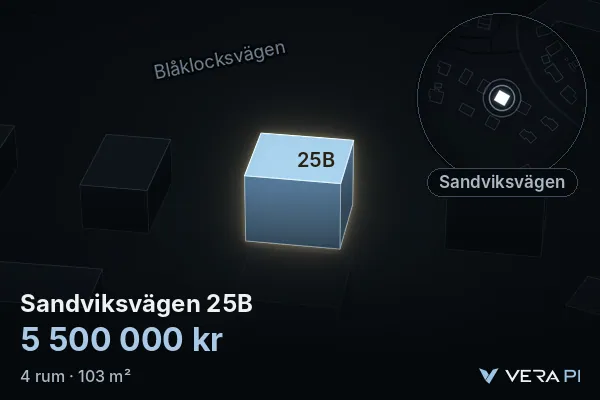 VERA PI's image of Sandviksvägen 25B: the building in 3D, lit in blue, and the map around it