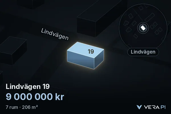 VERA PI:s bild av Lindvägen 19: huset i 3D, upplyst i blått, och kartan runt omkring