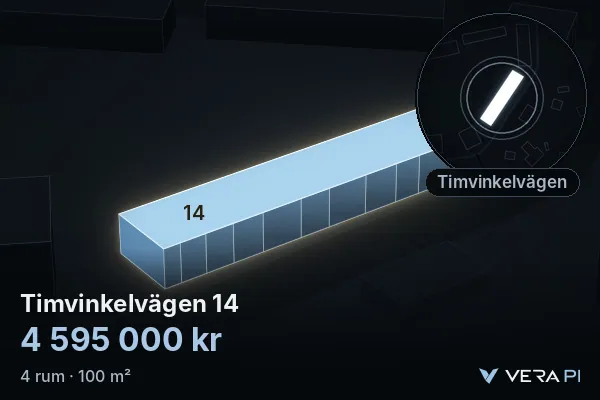 VERA PI's image of Timvinkelvägen 14: the building in 3D, lit in blue, and the map around it