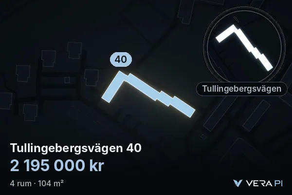 VERA PI's image of Tullingebergsvägen 40: the building in 3D, lit in blue, and the map around it