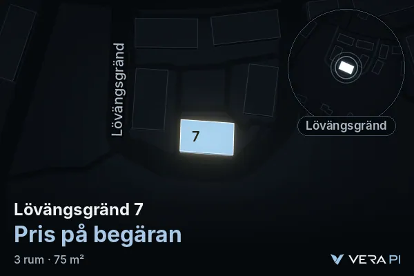 VERA PI's image of Lövängsgränd 7: the building in 3D, lit in blue, and the map around it