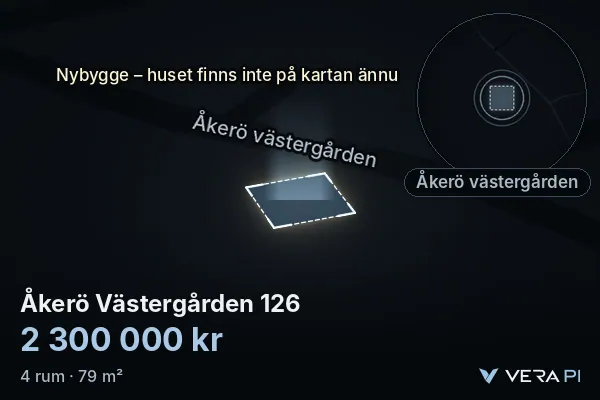 VERA PI's image of Åkerö Västergården 126: the building in 3D, lit in blue, and the map around it