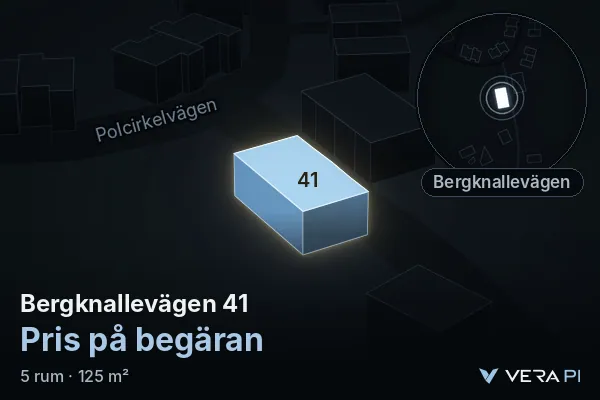 VERA PI:s bild av Bergknallevägen 41: huset i 3D, upplyst i blått, och kartan runt omkring