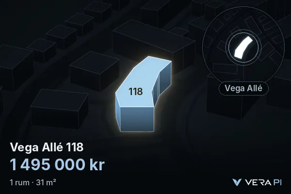 VERA PI:s bild av Vega Allé 118: huset i 3D, upplyst i blått, och kartan runt omkring